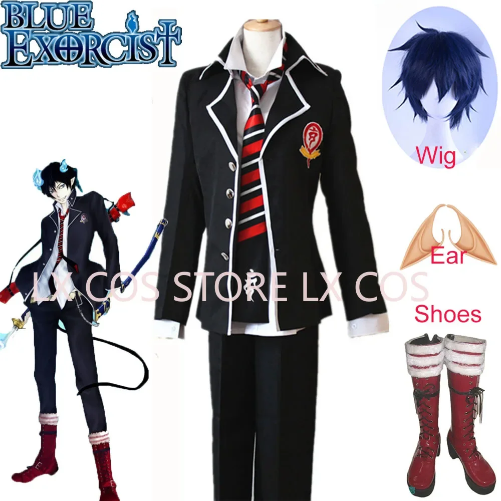 

Аниме Ao no Exorcist Косплей Синий Экзорцист Okumura Rin Косплей Костюм Школьная форма Мужская одежда Синий короткий парик Обувь с ушками