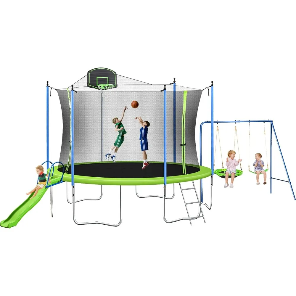 12FT Trampoline with Slide and Swings, ASTM Approved Large Recreational Trampoline with Basketball Hoop and Ladder