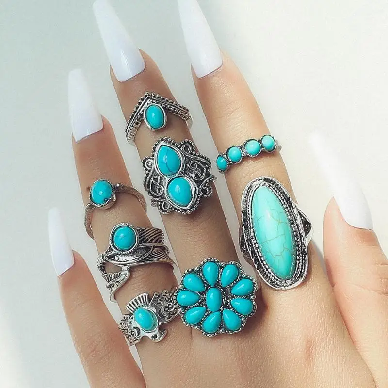 8/9Pcs Vintage Boho Turquoise Rings Set Fashion Women Vacation Style Daily Festival Jewelry Party Decoration Gifts