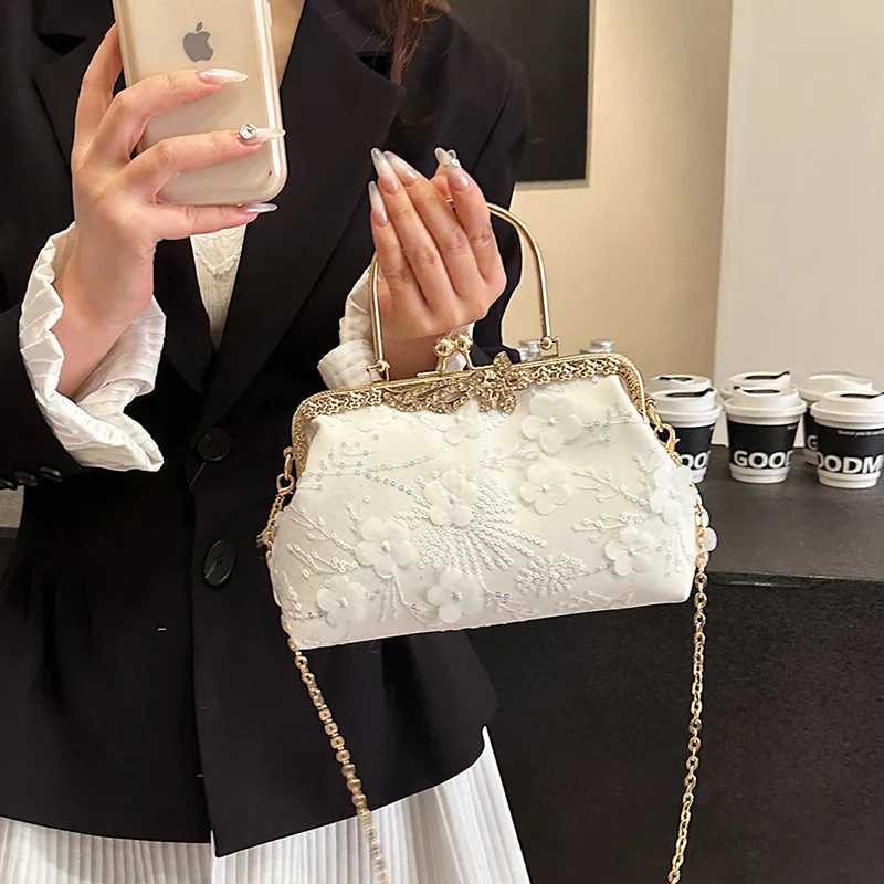 Luxury Women Appliques Sequins Evening Wedding Party Clutch Chain Messenger Bags Metal Hasp Totes White Gold Handbags And Purse