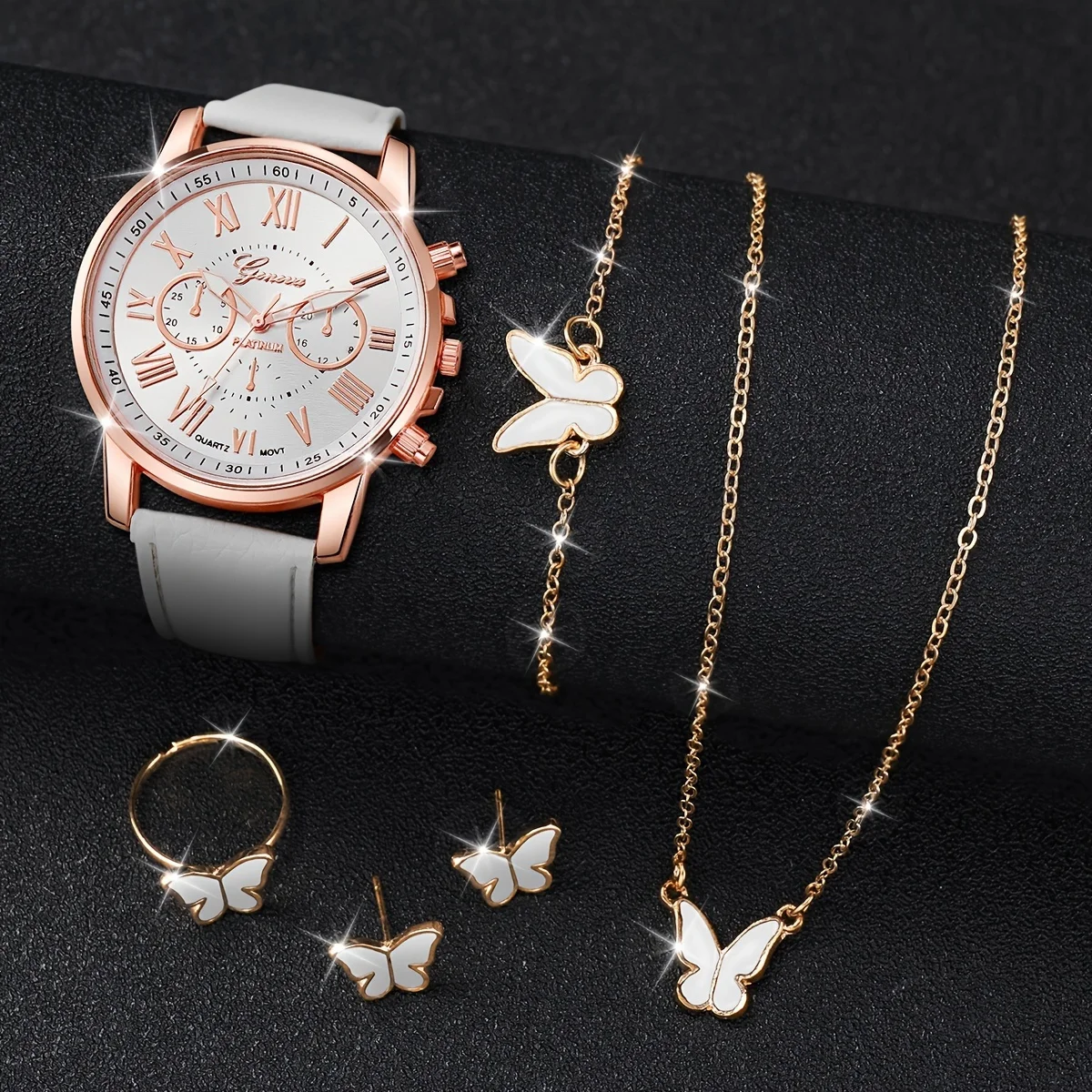 6 Pcs White Quartz Watches PU Leather Strap Alloy Pointer And Butterfly Bracelet Necklace Ring Jewelry For Women