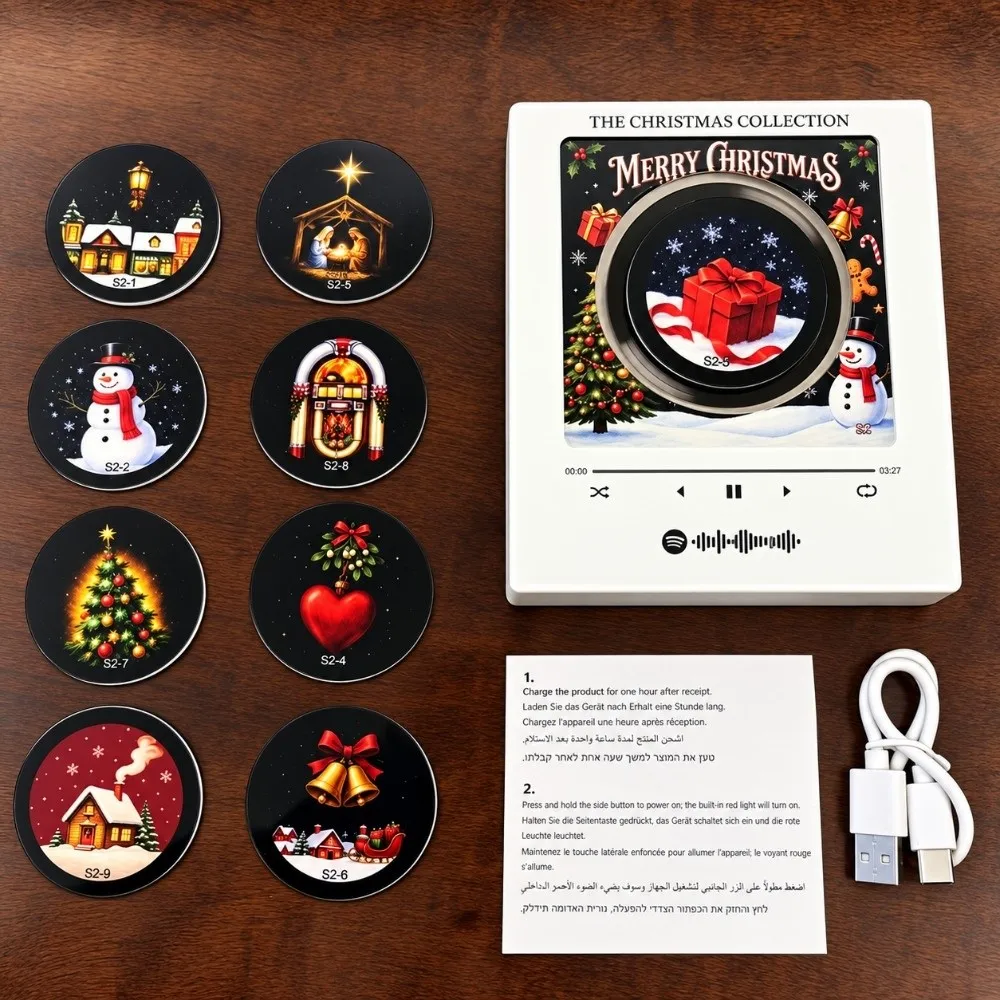 Christmas Mini Vinyl Record Music Player Refrigerator Magnet with 9 NFC Fridge Records NFC Music Box Magnetic Disc Set