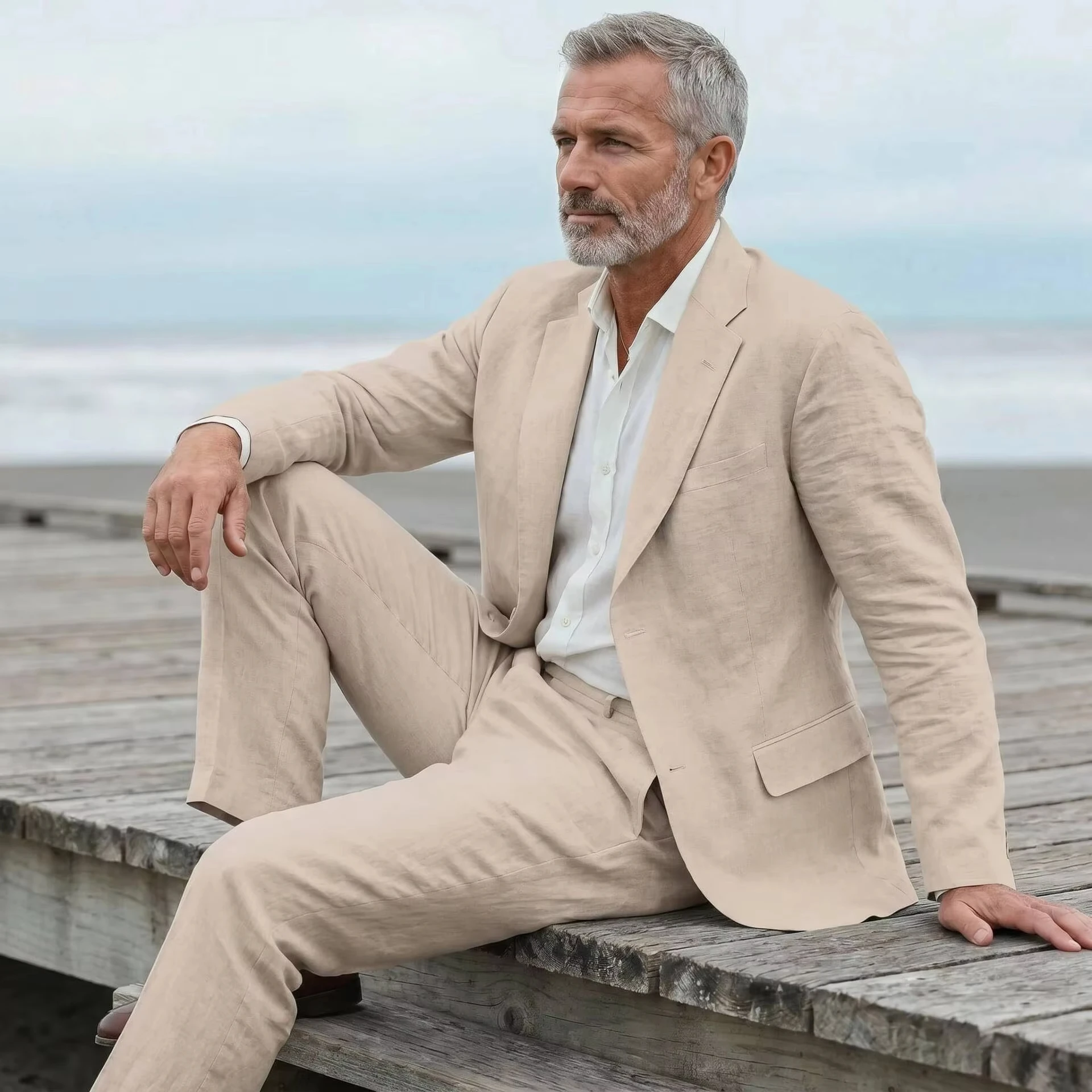 Men's Linen Casual Men's Beach Party Business Suit Two-Pieces Wedding Tailcoat Set With Split Collar Suit Jacket And Pant