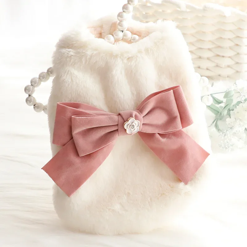 Winter Puppy Dog Costumes Fashion Casual Hoodies Coats Soft Plush Beige Pink Cute Bow Vest Coat For Small Medium Dog Pet Clothes