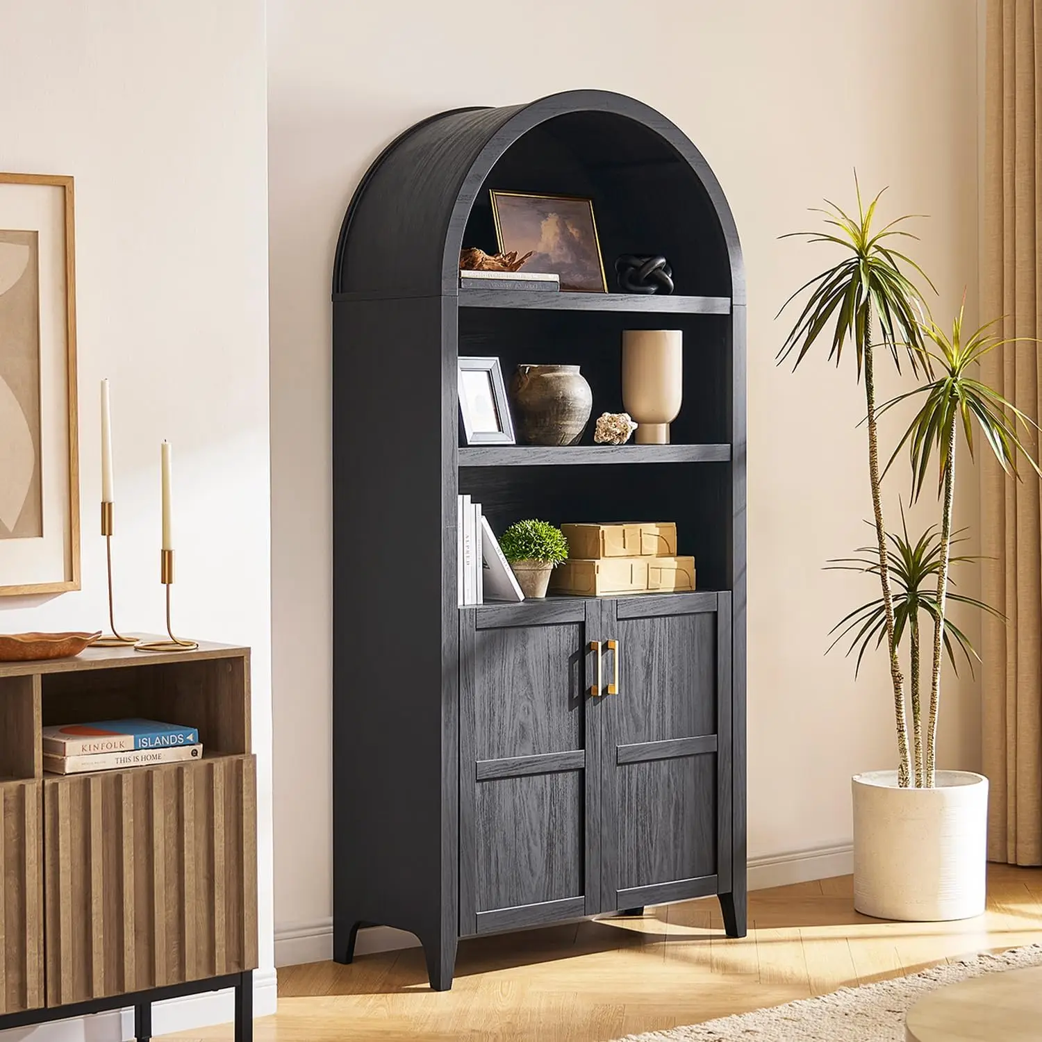 

High arched cabinets, 5 level arched bookshelves with doors and adjustable shelves, arched bookshelves with lockers