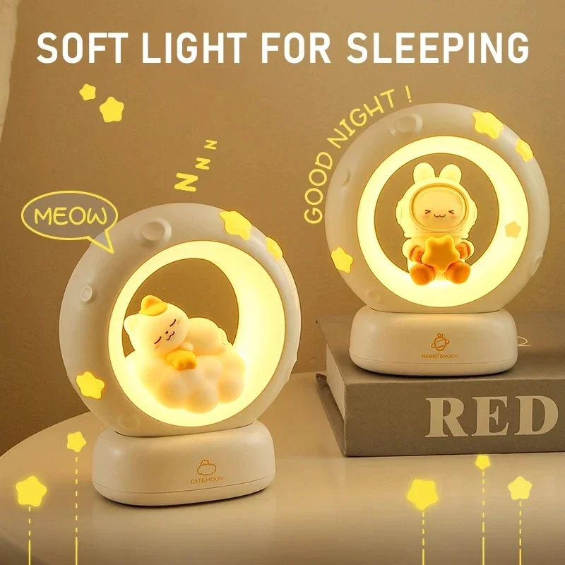 

LED Adorable Rabbit Cat Night Light Bedside Decor for Rooms Ambient Lighting USB Rechargeable Bedroom Decor Sleep Aid Light