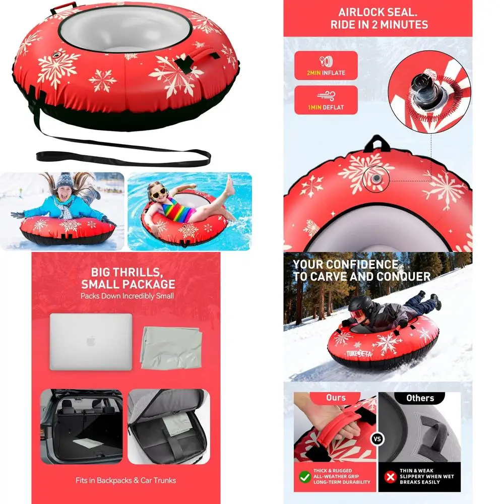 

Сверхмощные надувные снежные трубки из ПВХ для взрослых, сани на 1 или 2 человека с холщовыми ручками, буксирным ремнем и ремонтным комплектом — идеально подходят для
