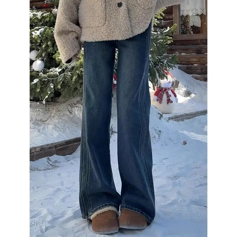 

Retro Blue Wide-leg Jeans Women Spring Large-sized Chubby Girl High-waisted Pear-shaped Slimming Hip-covering Floor-length Pants