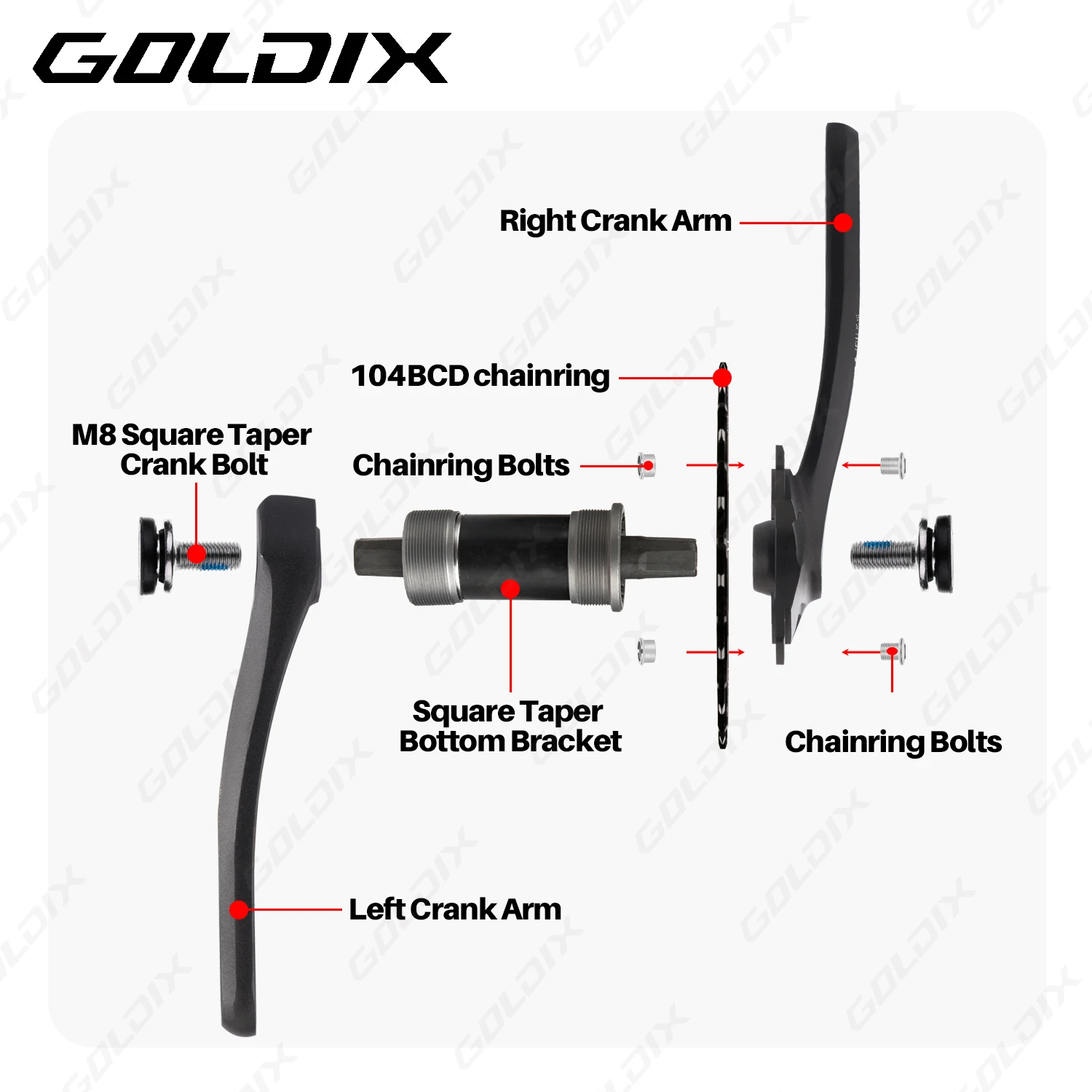 GOLDIX Square Hole Bicycle Crankset Aluminum Alloy Material Forging 165/170/175mm Length Crank 104BCD Narrow Wide Teeth Chainrin