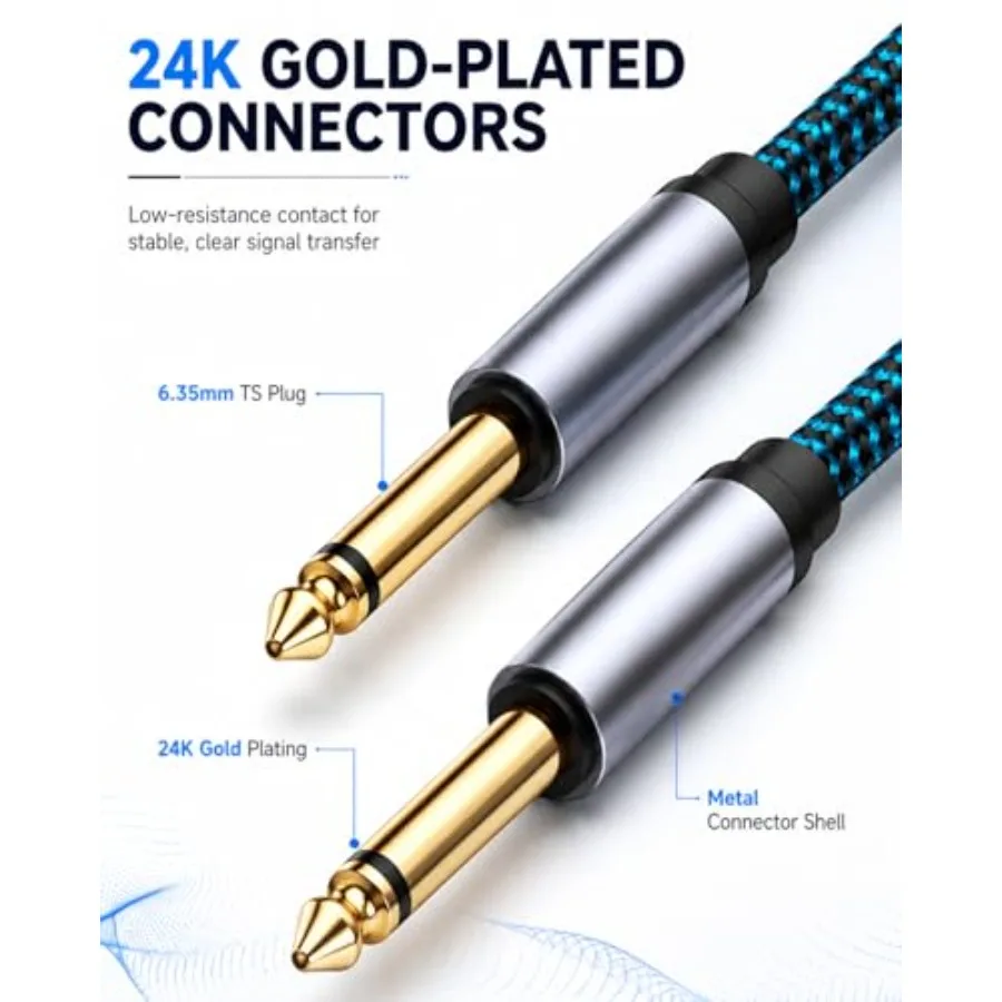 Guitar Cable, 1/4 Inch TS Instrument Cord with 24K Gold-Plated Connectors, Nylon Braided, Noise Reduction Shielding -for Electr view 6