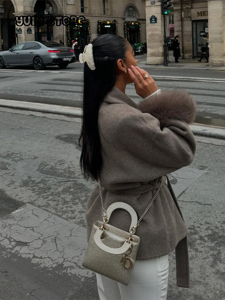 

Chic Lace Up Lapel Woolen Short Coat Solid Cuff With Feather Loose Belt Female Coats 2025 Autumn Winter Lady Chic Cardigan New