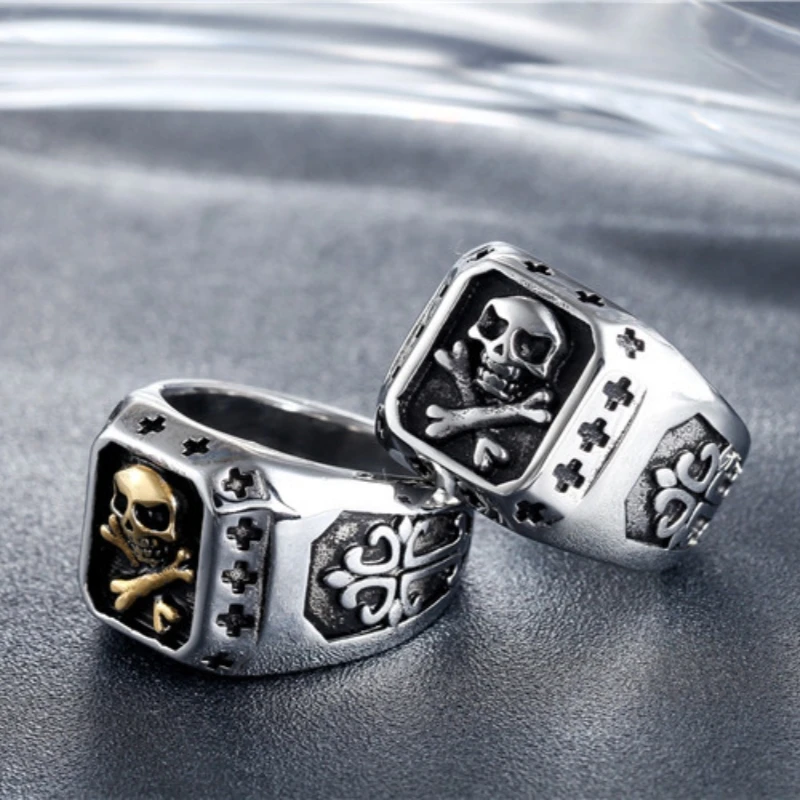 Men's Titanium Steel Skull Ring Vintage Gothic Cross Ring Punk Rock Biker Jewelry Stainless Steel Color Statement Ring Gift