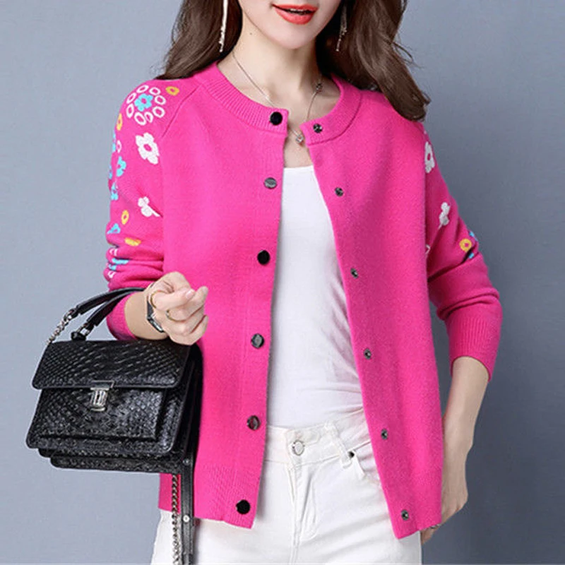 Women\'s Korean Fashion Floral Jacquard Elegant Knitted Cardigan Spring Autumn Female Casual Round Neck Long Sleeve Sweater Coat