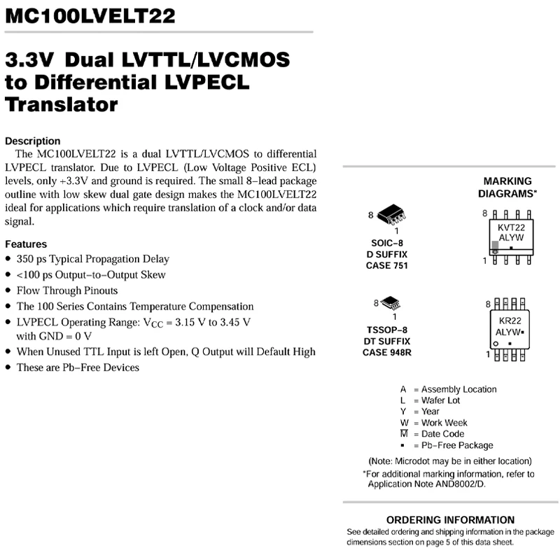 10PCS MC100LVELT22DR2G Code KVT22 SOP8 Dual LVTTL/LVCMOS to Differential LVPECL Converter/Level Shifter IC Chip