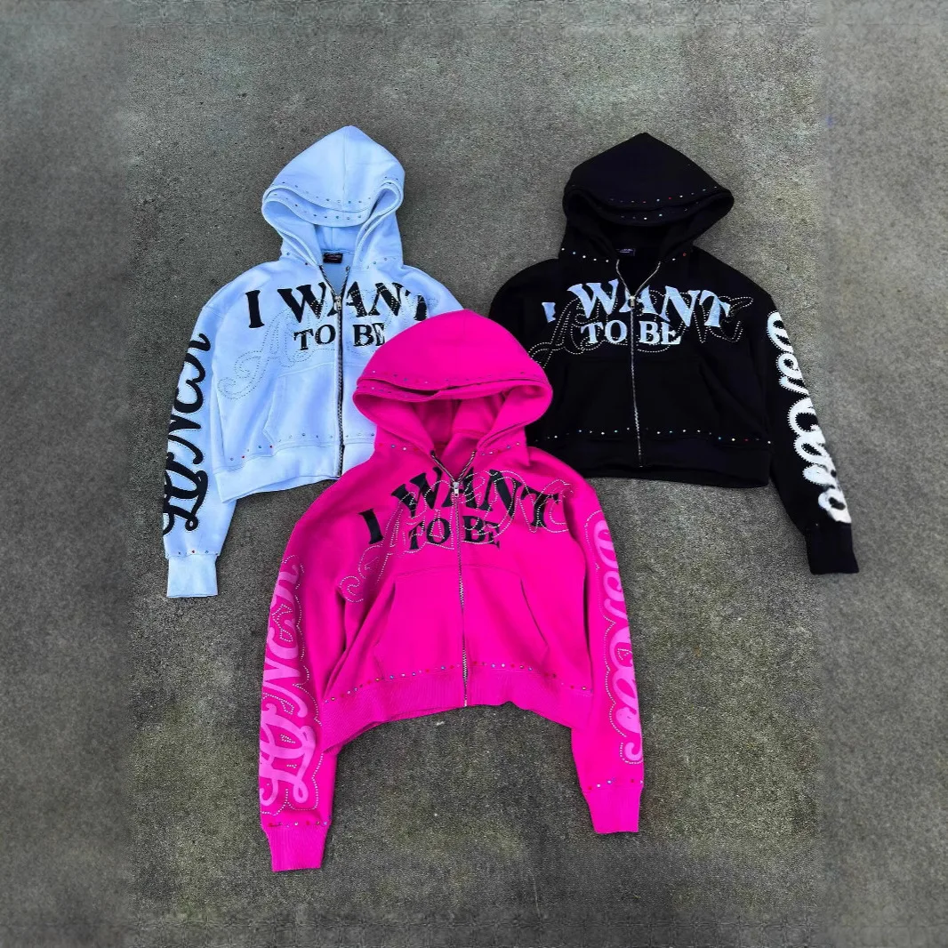 Stazione indipendente di strada americana nuova stampa di lettere stampa a caldo cappello a doppio strato con cerniera felpa con cappuccio a maniche lunghe