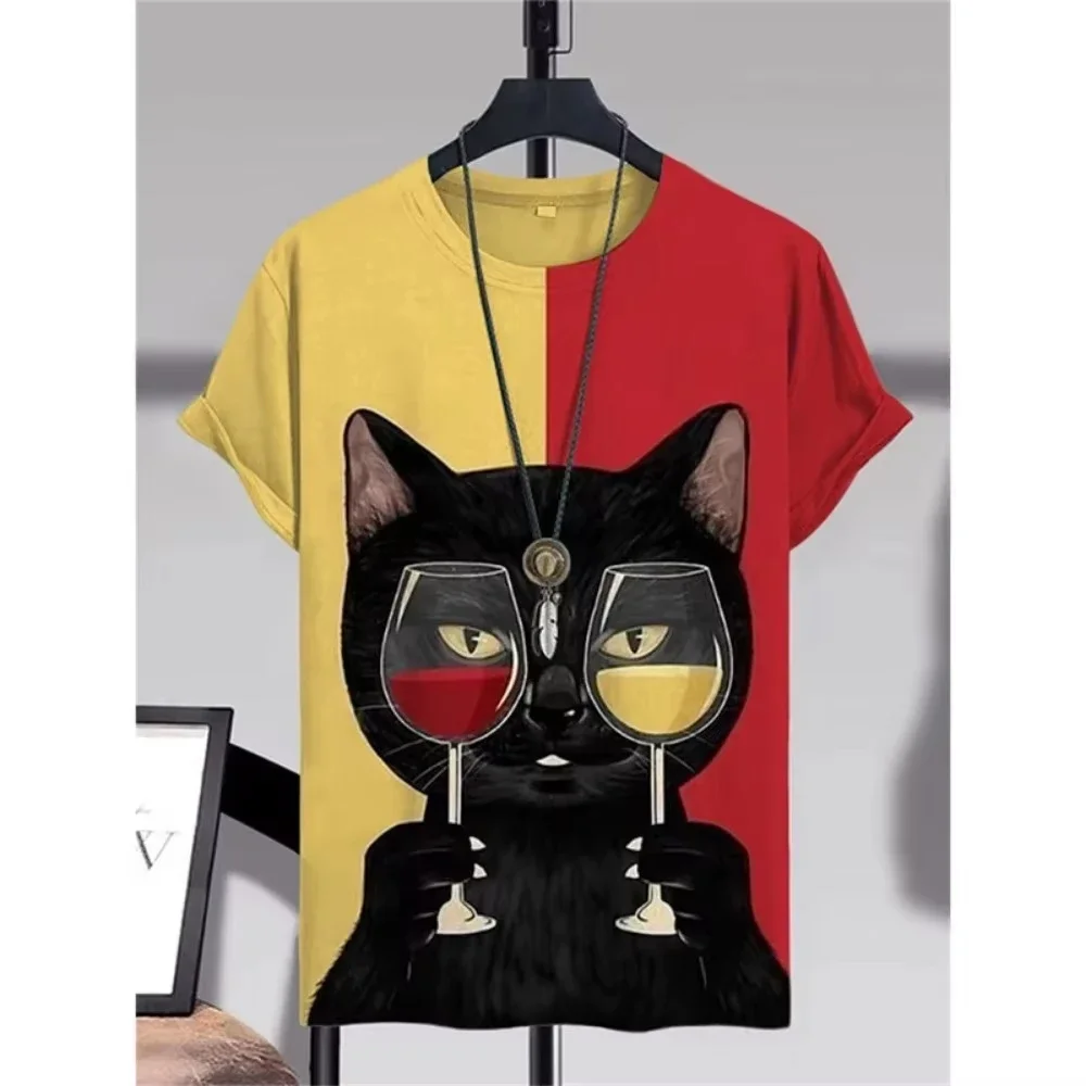 Wine Glass Black Cat PatternSummer Men's T-shirt 3D Printing Casual Comfortable Breathable Quick-Dry Outdoor Sports Fashion Top