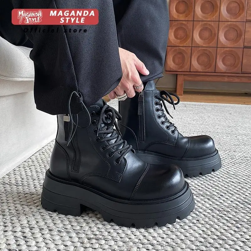 

10CM invisible height increasing short leather boots new retro high top lace up motorcycle boots thick soled leather shoes