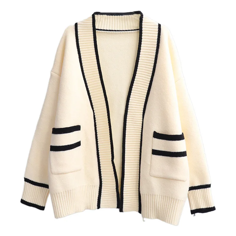 Varsity Cardigan Long Sleeve V-Neck Open-Front Sweaters Knit Jacket for Women Preppy Style