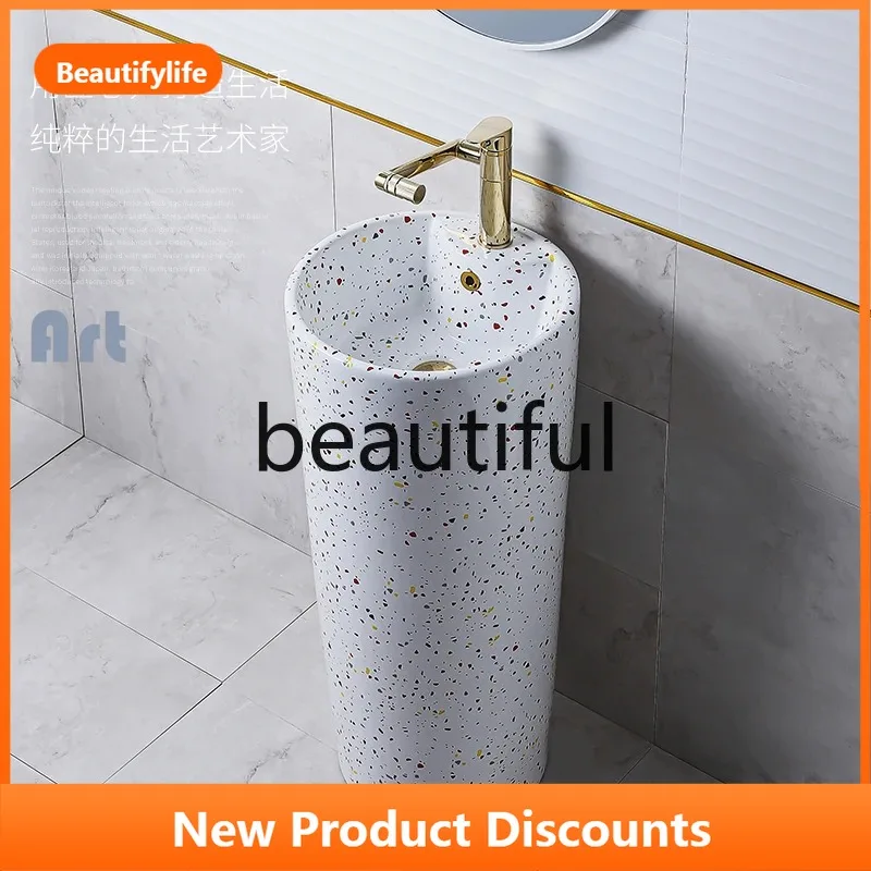 B73 Round column basin integrated floor type, washbasin creative terrazzo ceramic balcony washbasin