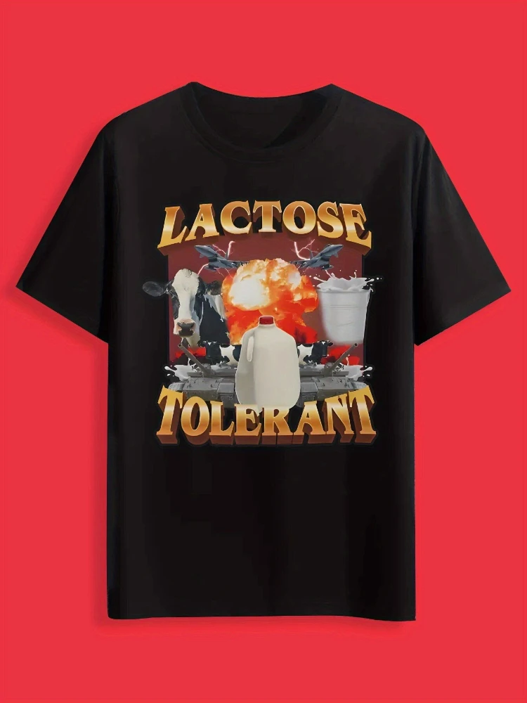 تصميم "Lactose Intolerant" مع تصميم حيوانات المزرعة وعناصر البارنيارد - تي شيرت مطبوع برقبة دائرية من القطن بنسبة 100%.