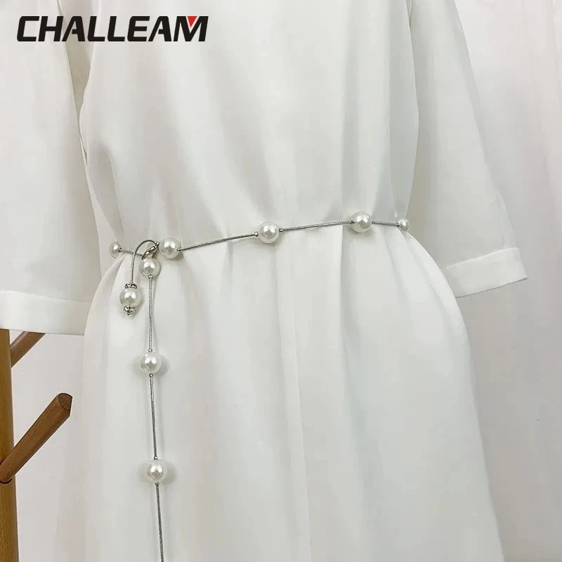 

Women's imitation pearl belt paired with slim waist chain fashion women's coat luxury dress belt accessories 209