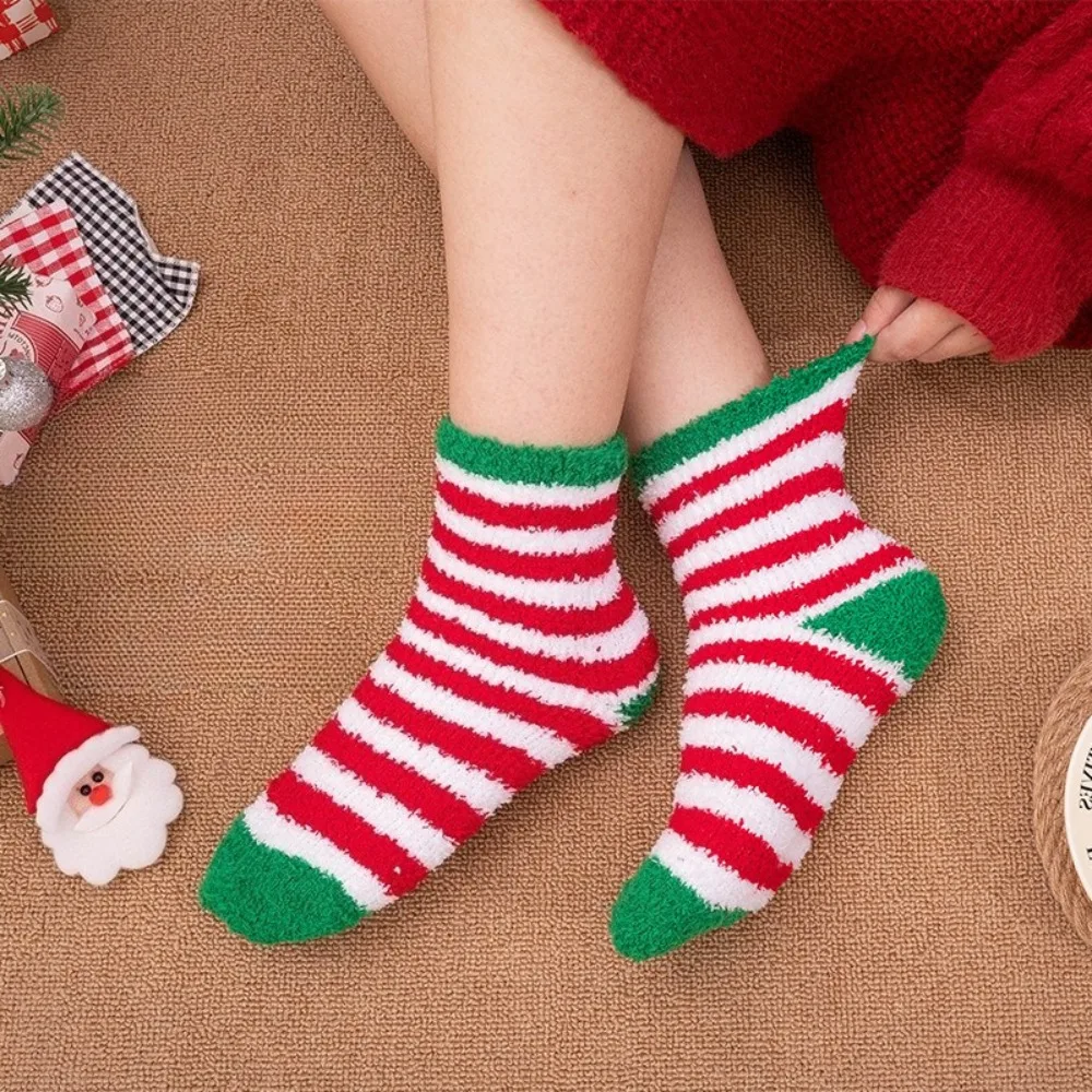 Coral Fleece Christmas Stockings Gifts Horizontal Strip Women's Socks Autumn Winter Thickened Thermal Sleep Socks Floor Socks