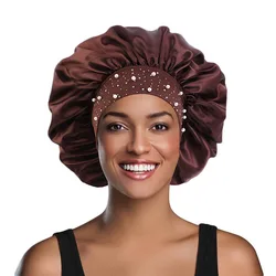 Newly Satin Rhinestone Sleeping Women Hat Night Sleep Bath Cap Hair Care Salon Makeup Headband Muslim Hijab Head Cover Bonnet
