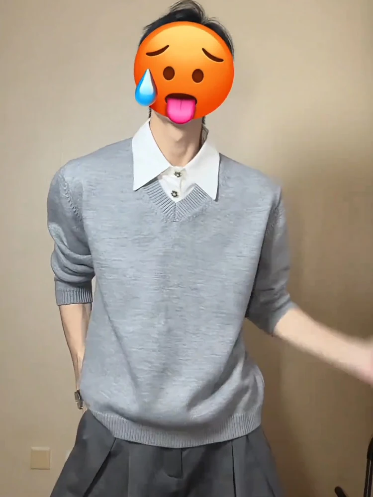 

Мужской трикотажный свитер с V-образным вырезом, весенний, повседневный, свободного кроя, с эффектом двухслойности, с длинными рукавами, в стиле пэчворк