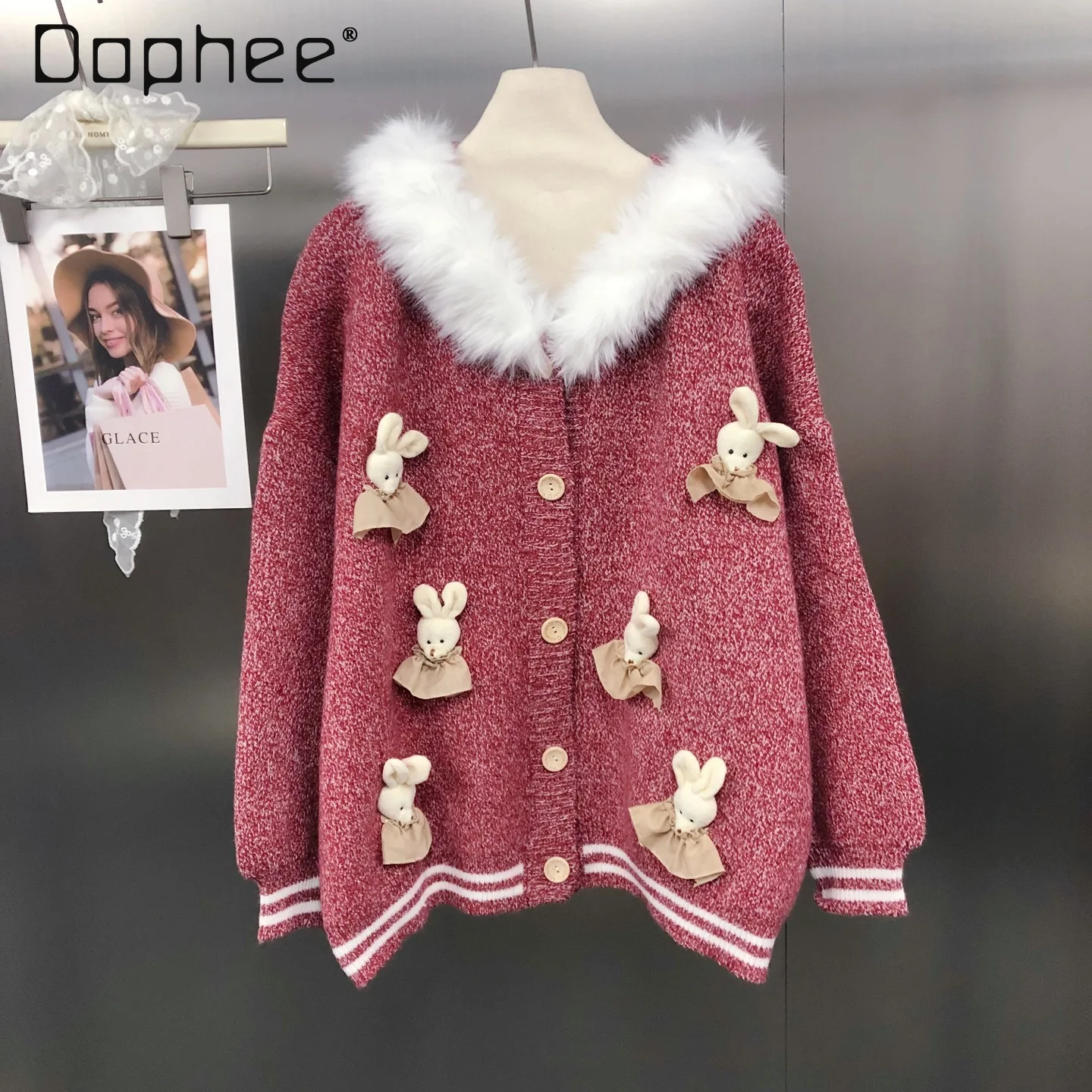 

Vintage Loose Sweater Coat for Women Autumn and Winter Warm Versatile 3D Rabbit Decoration Knitted Cardigan Sweater