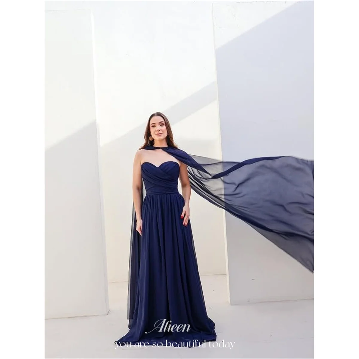 Aileen Chiffon Sweetheart Navy A-Line Elegant Evening Gown Blue Featuring Romantic Neckline Draped Robes De Soirée Customized