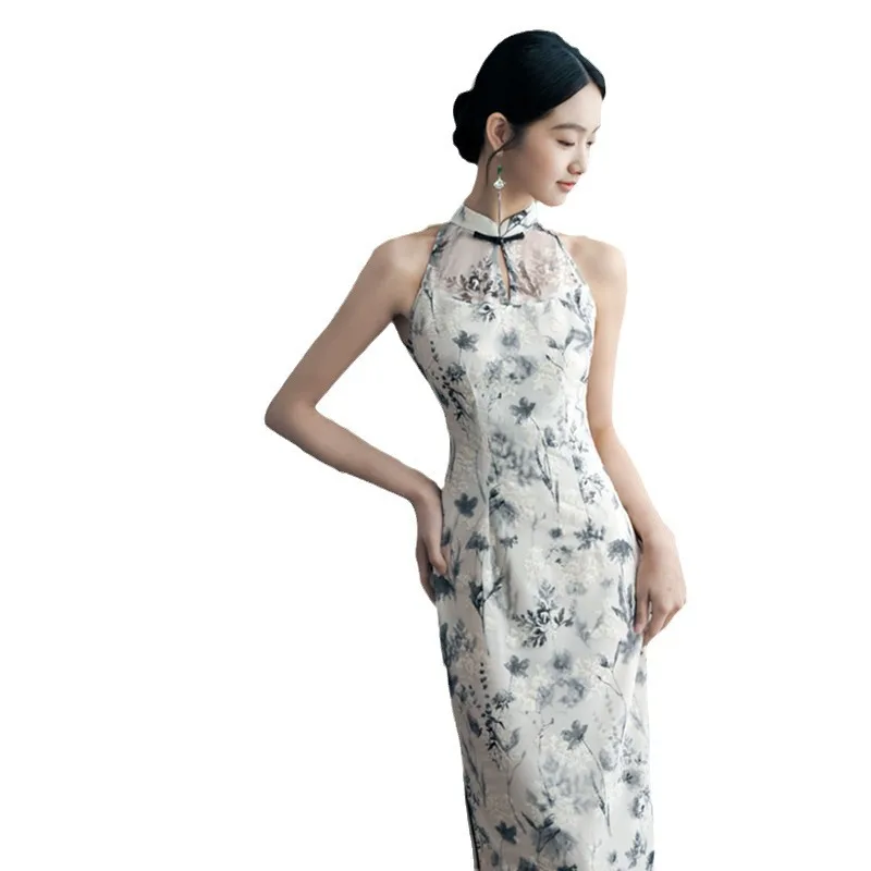 Fashion Improvement New Chinese Style Long Halter off-the-Shoulder Cheongsam Qi Pao Spring and Summer Flocking