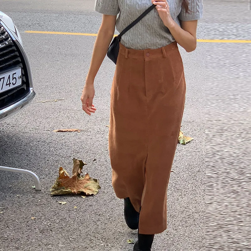 Vintage 100% Cotton Corduroy Skirst For Women Autumn And Winter High Wasit Hip Split Long Casual Straight Harajuku Flared Skirt