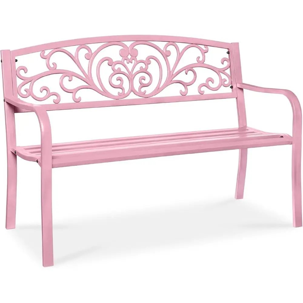 

Уличная скамейка стальная для сада, патио, веранды, газона, парка, террасы с декоративной спинкой, сиденье с ламелями - розовая