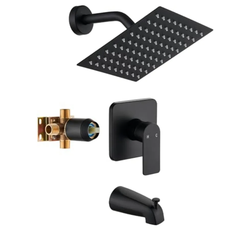 

Black Tub Shower Faucet Set Complete with 8-Inch Rainfall Shower Head and Tub Spout Included Shower Valve Tub Shower Trim Kit M