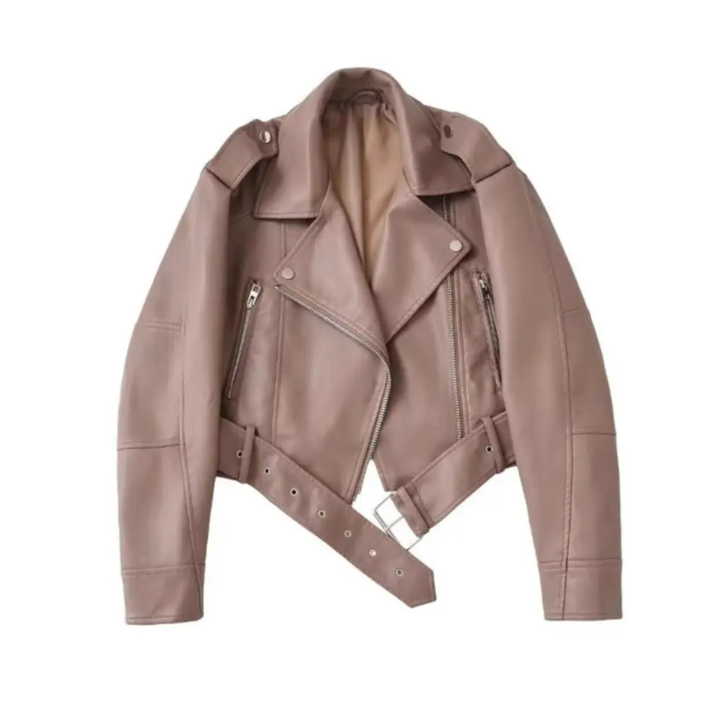 Giacca da motociclista retrò da donna in pelle con cintura corta Giacca bomber in similpelle Stile europeo e americano Nuovo