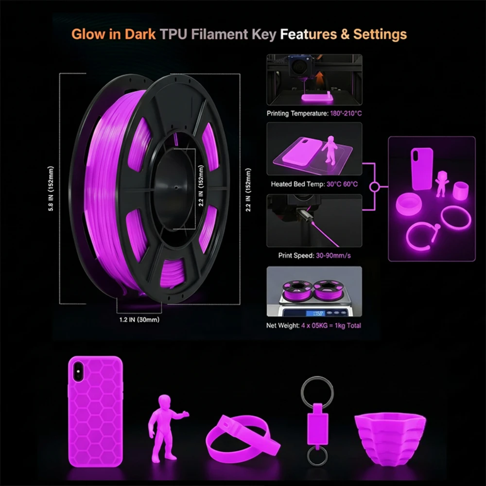 95A TPU 3D-Drucker-Filament, 1,75 mm, leuchtet im Dunkeln, weiches, flexibles TPU-Filament für 3D-Druck, 250g Spule – Detail 3