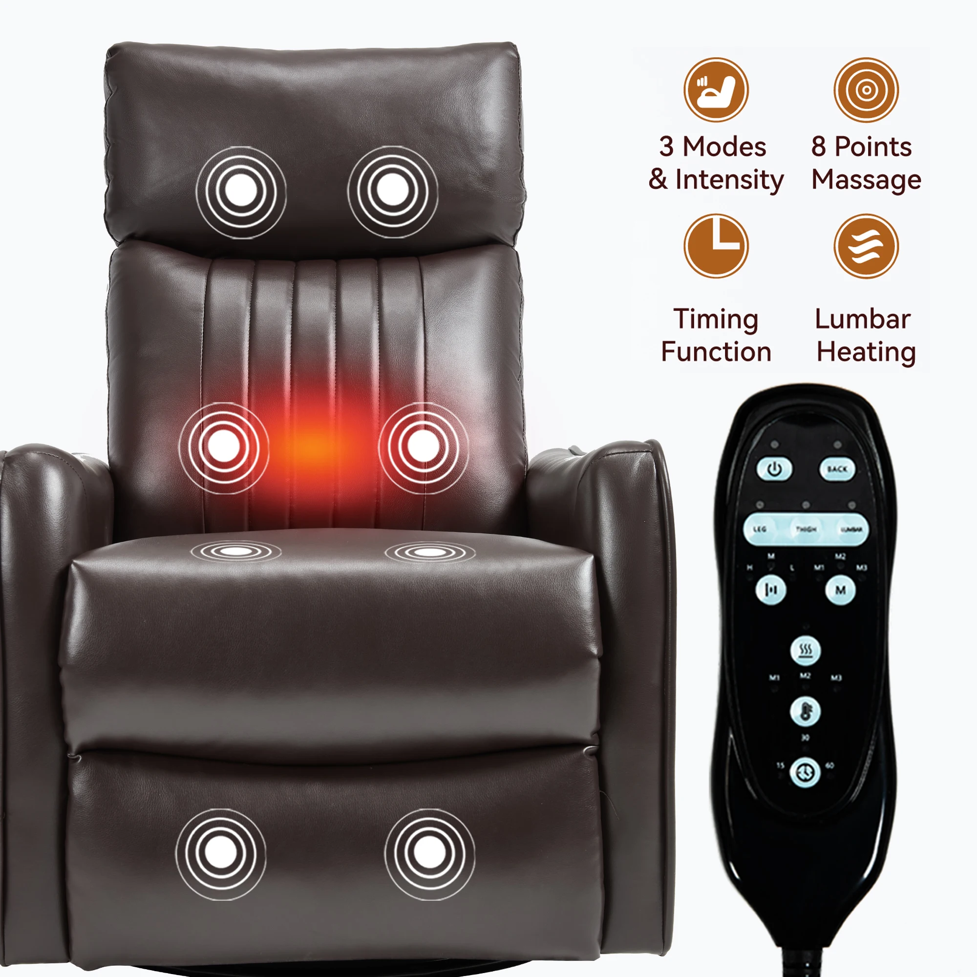 Manual Recliner Chair with Heat & Massage, Brown Faux Leather Rocker Swivel Accent Chair for Living Room view 6