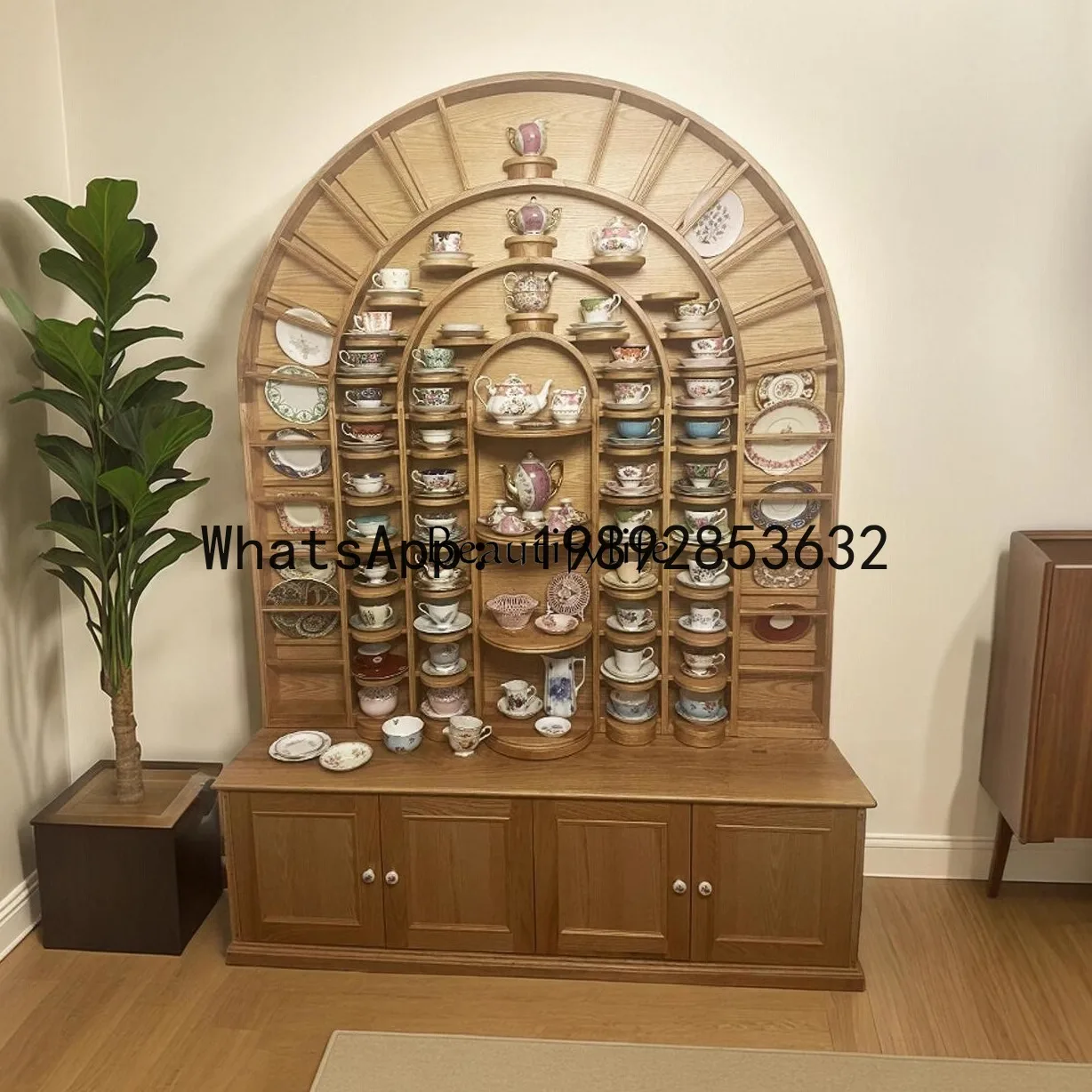 

Retro solid wood display cabinet ash wood arched shelf full wall European style