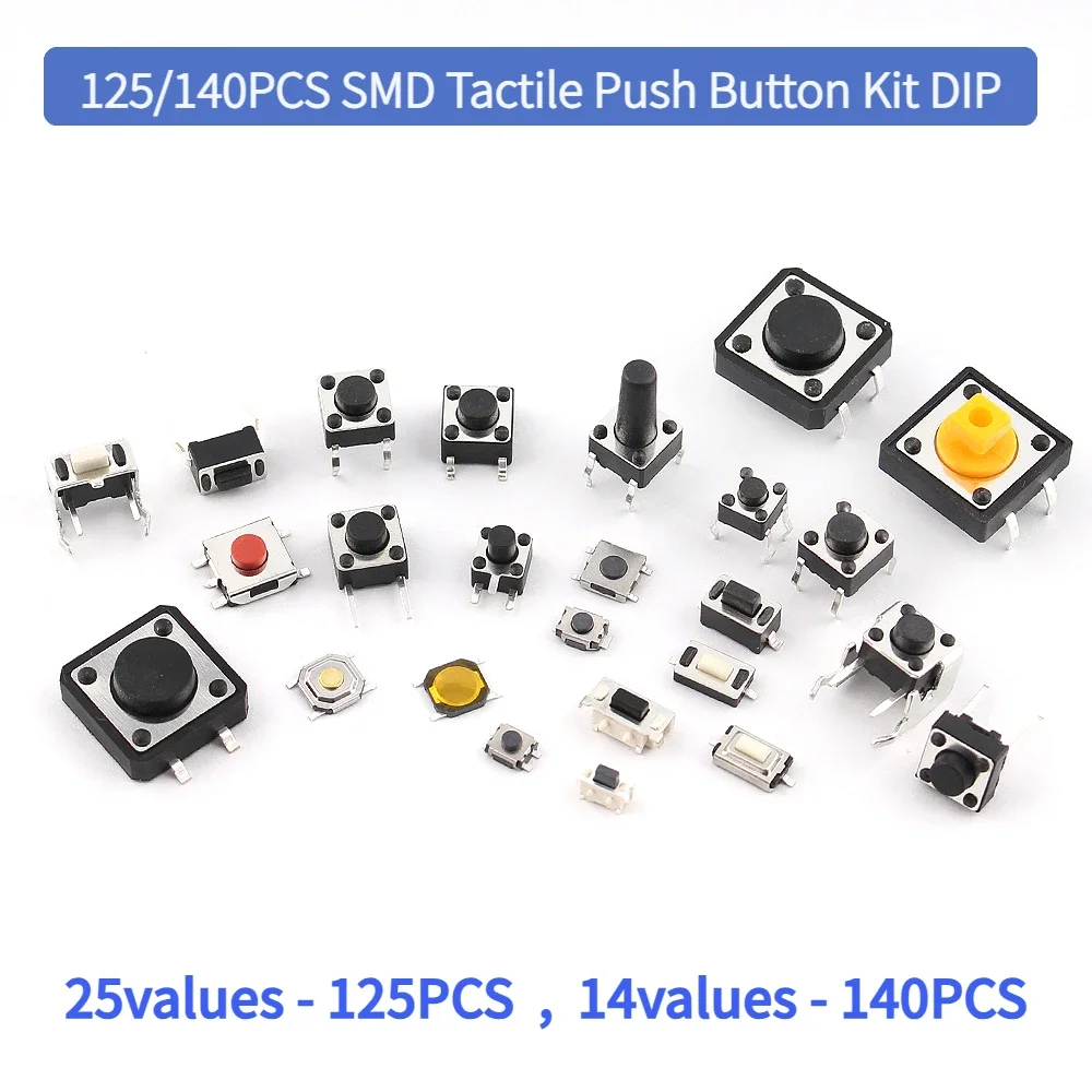 25/140PCS SMD Tactile Push Button Kit: 14/25 Values DIP Micro Switches for DIY Electronics