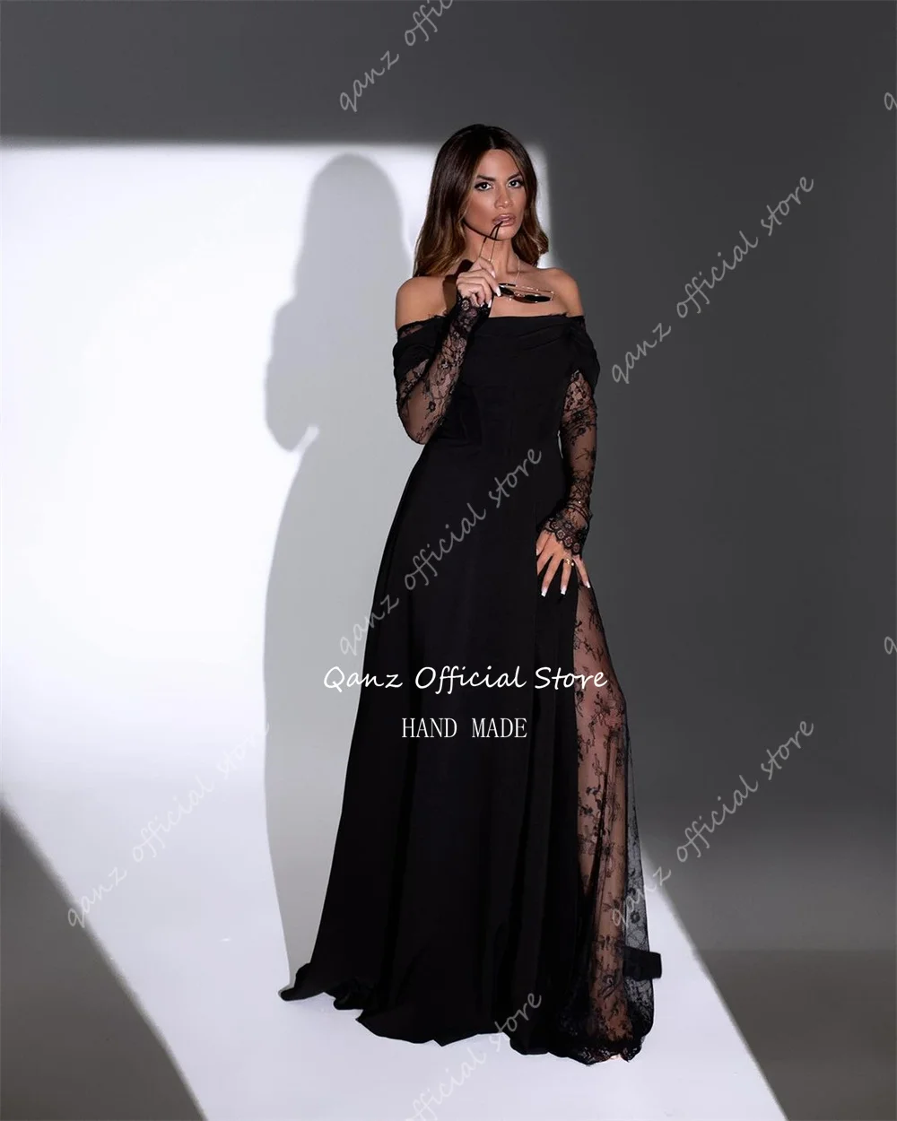 Qanz Vintage Black Evening Dresses Off Shoulder Lace Luxury Dress Birthday Long Sleeves A Line Party Dresses Women Customized