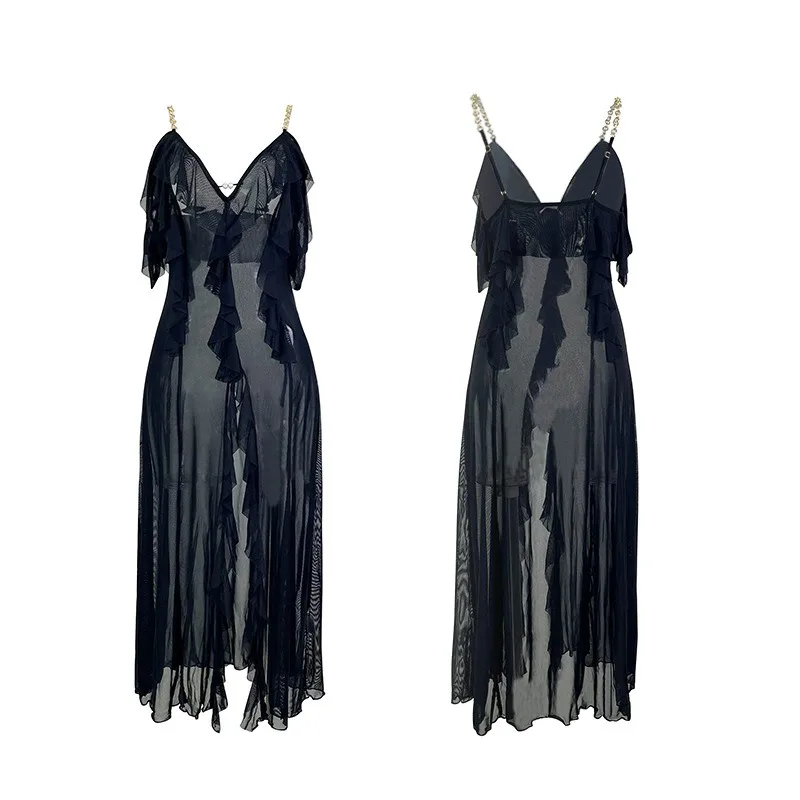 Metal Chain Shoulder Strap Suspender Skirt Off-the-shoulder High Split Pajamas Cross-border Mesh Perspective Ruffle Edge Lounge