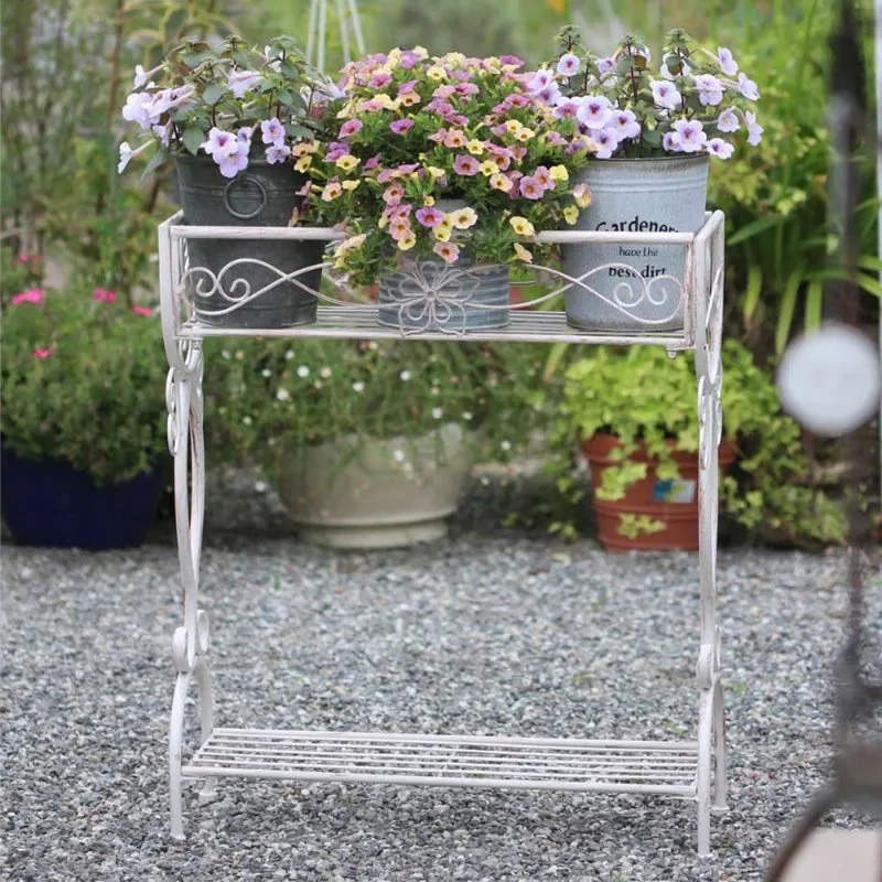 Wrought iron double-layer flower stand, balcony storage, long pot slot, indoor and outdoor elevation, villa succulent storage, c