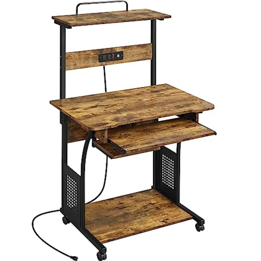 Topeakmart 3 Tiers Rolling Computer Desk with Power Outlet and USB Ports for Space Saving, Home Office Desk with Keyboard Tray
