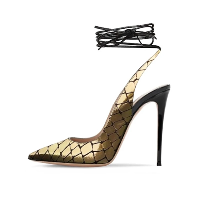 

Modern Ankle Wrap Pointed Toe High Heel Pumps Gold Metallic Leather Cutouts 12cm Lace Up Female Banquet Shoes