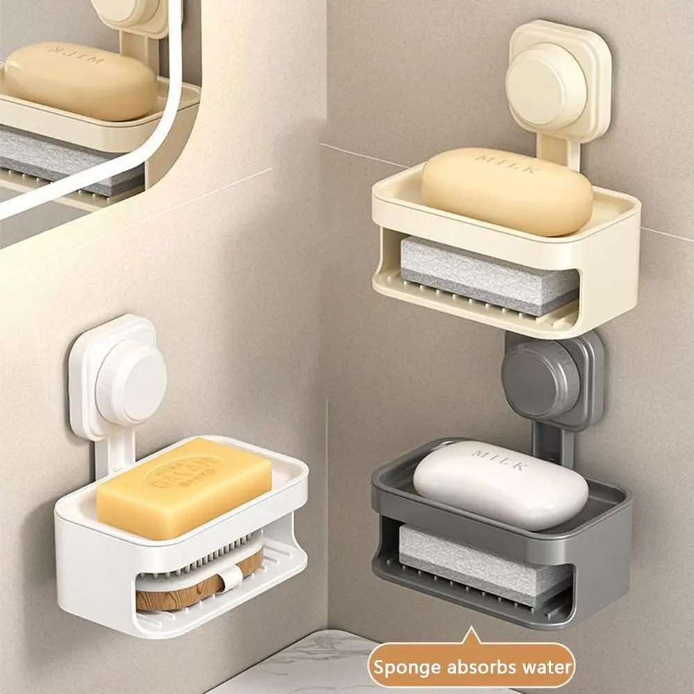 Double Layer Suction Cup Soap Box Wall Mounted Self Draining Soap Sponge Holder Removable Perforation-free Soap Drain Rack