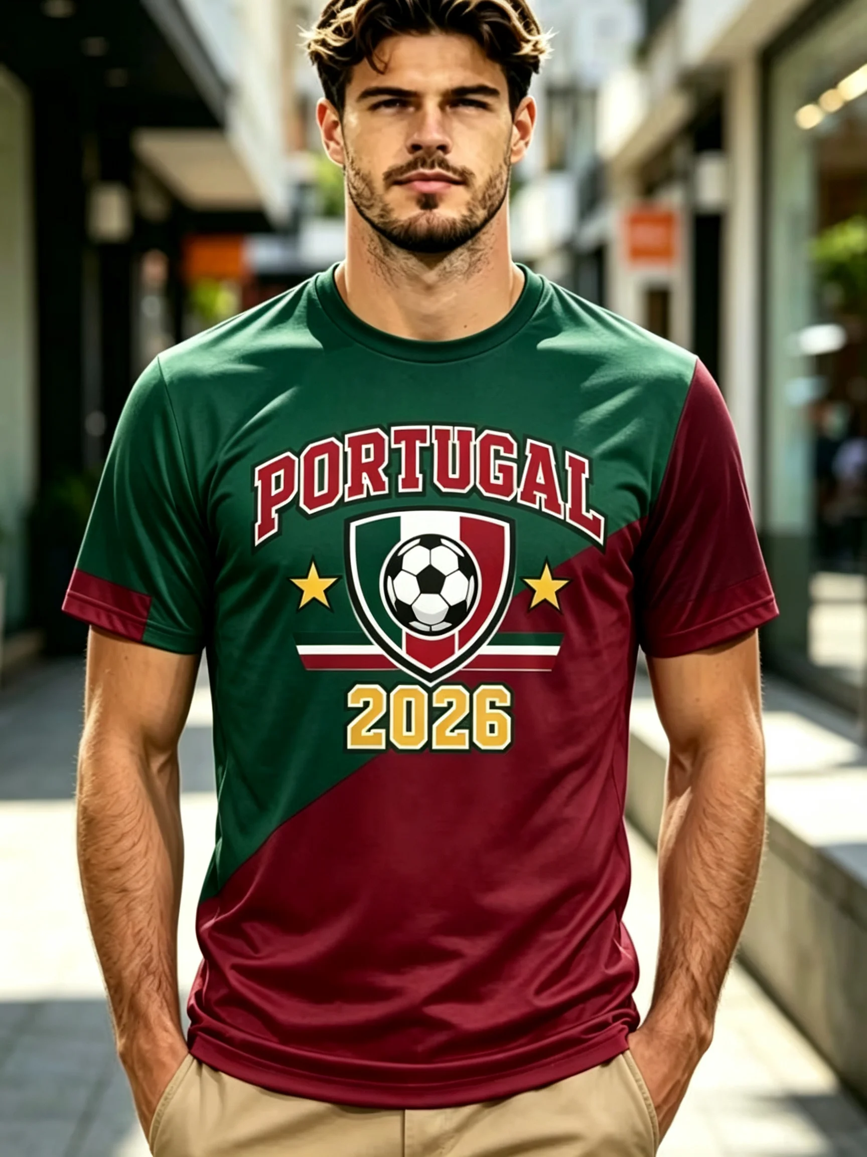 Men's Portugal national football team T-shirt, featuring national team and player prints, suitable for training and fan apparel.