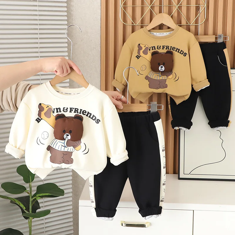 

2025 Autumn Boys Cartoon Bear Print Sweatshirts & Pants Set 2-Piece Cotton Casual Outfit Letter Graphic Toddler Clothes