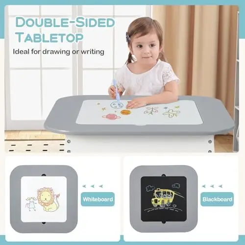 and Chair Set, 3-in-1 Wooden Activity  with Removable Tabletop, Blackboard & Whiteboard,  Space, Toddler  for Arts, Crafts, 