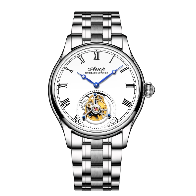 Aesop jam tangan kerangka Tourbillon pria, arloji mekanis mewah Manual berlikuk safir tahan air klasik skala Romawi 7021