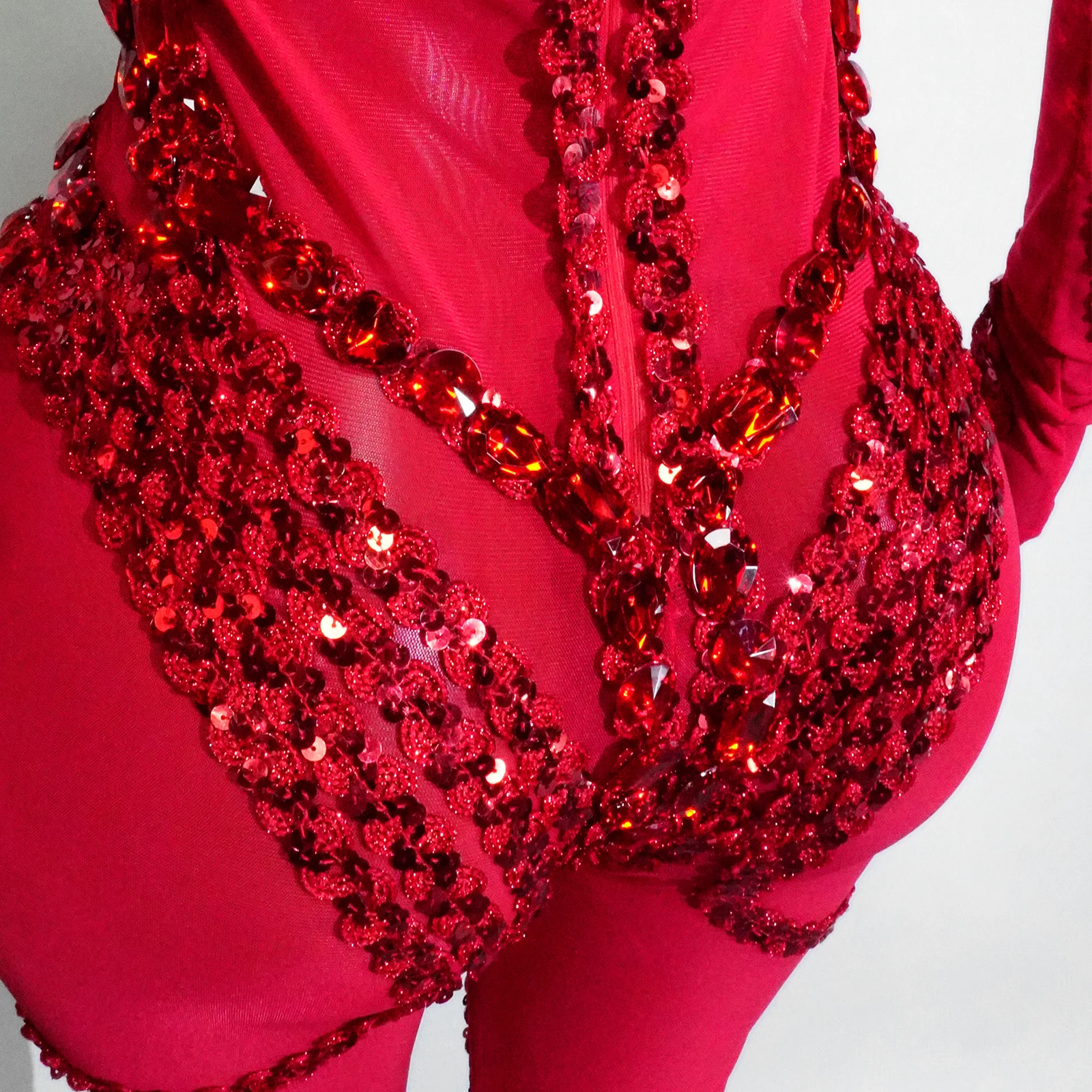 Kostium Showgirl Prześwitujący Brokatowy Czerwony Kombinezon z Cyrkoniami Cekiny Strój Sceniczny Klubowy na Występ Taneczny Imprezę Gogo Drag